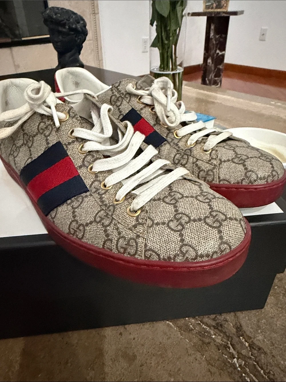 Gucci Beige GG Canvas Sneakers with Red & Navy Web and Red Sole